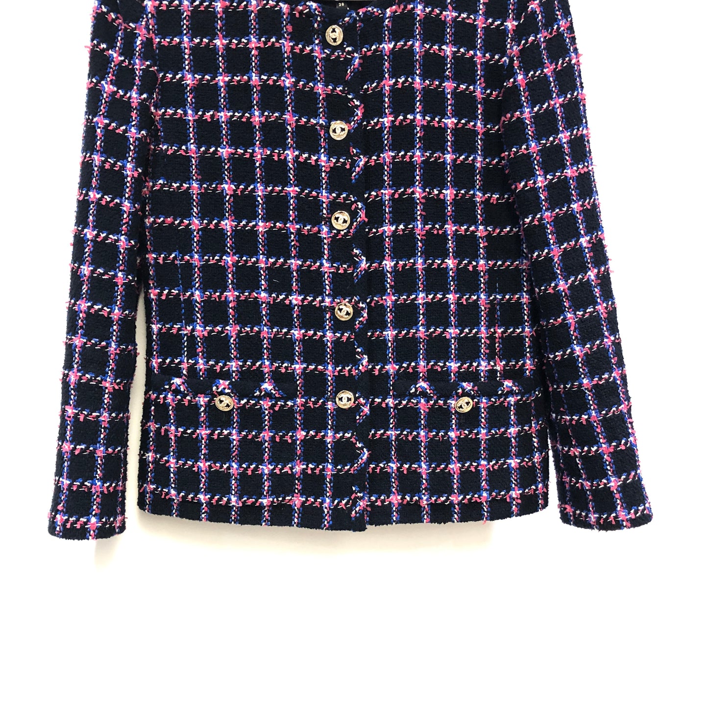 Chanel Black Multicolor Plaid Tweed Jacket, CC Metal Buttons Size 38