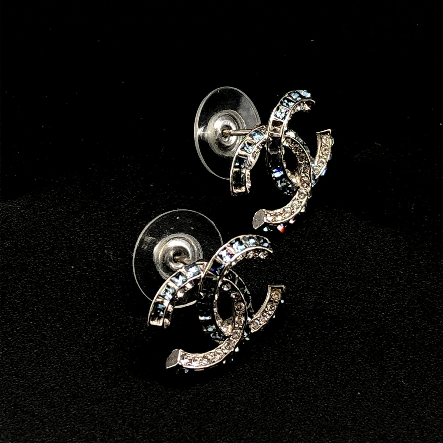 Chanel Blue Crystal Inlaid Interlocking CC Stud Earrings