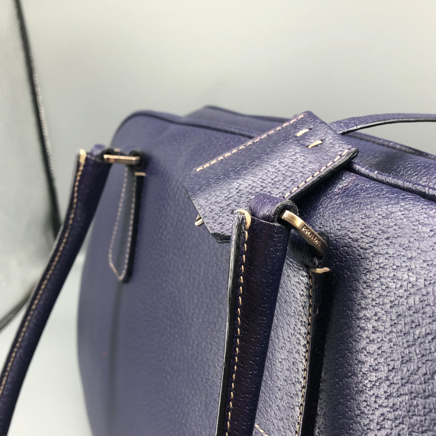 Prada Bauletto Medium Pebbled Leather Handbag  Ink Blue