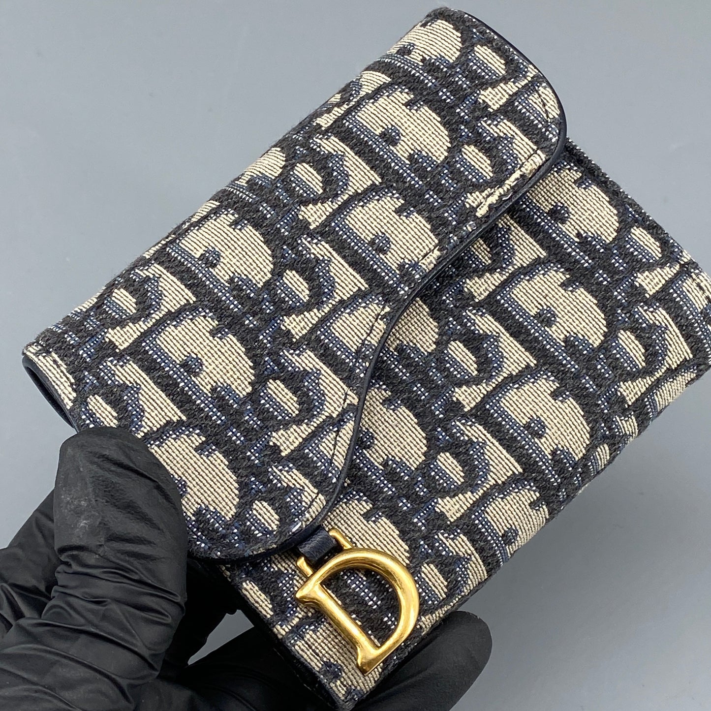 Christian Dior Oblique Saddle Compact Wallet Navy/Grey