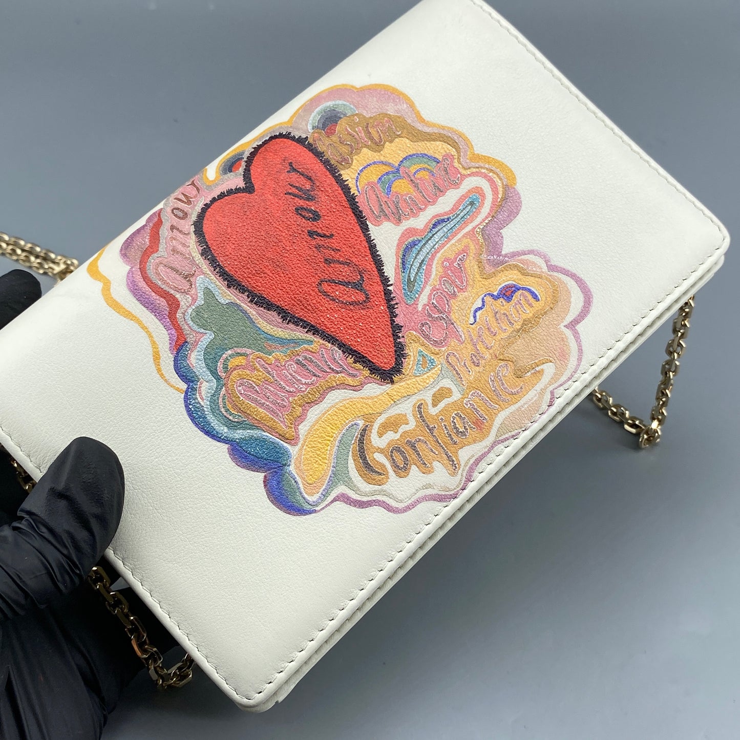 Christian Dior Cream Leather Valentine’s Limited Embossed Heart WOC Crossbody Bag
