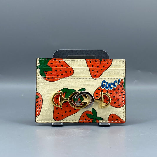 Gucci Cream Strawberry Print Leather Card Holder