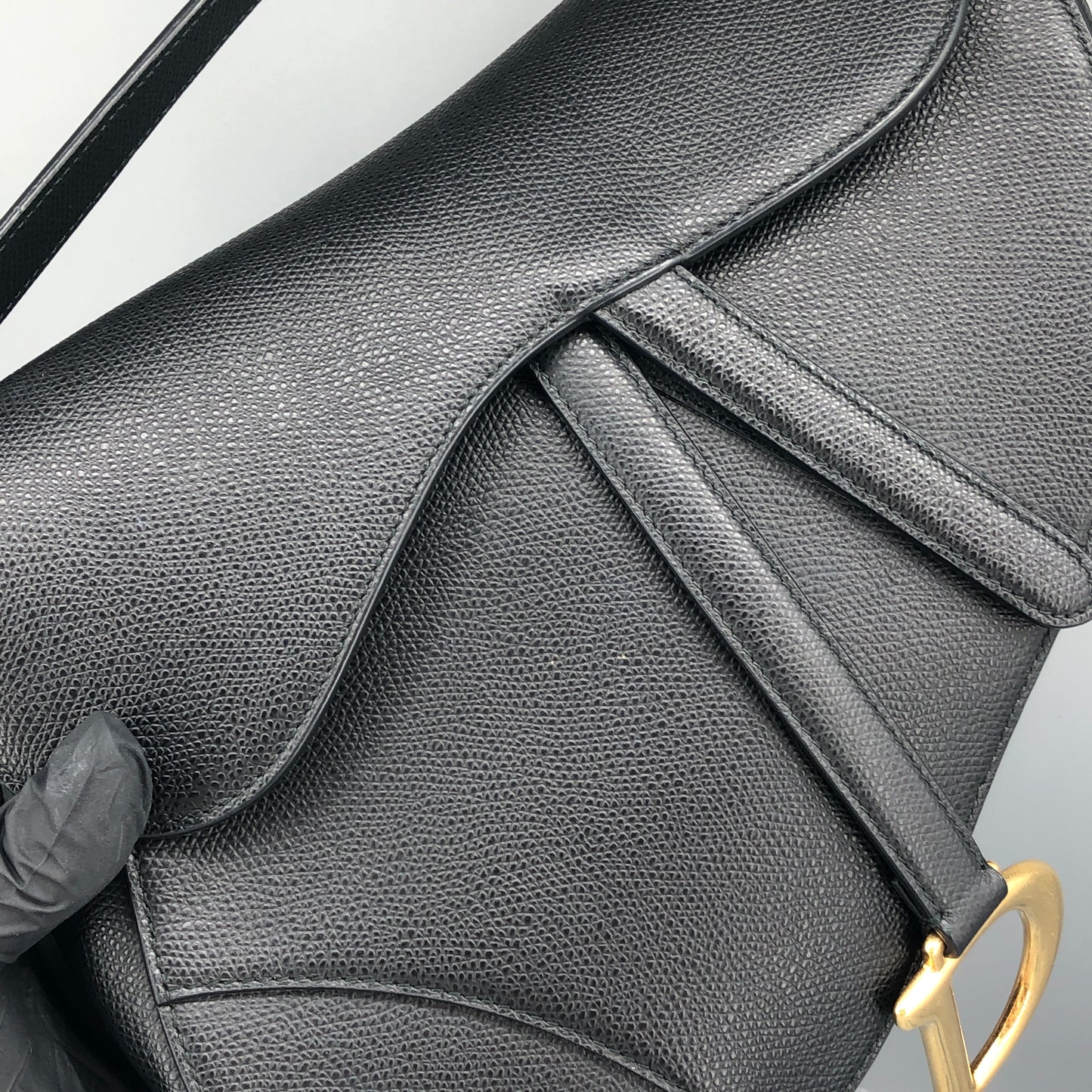 Christian Dior Saddle Medium Grained Calfskin Shoulder Bag  Black + Extra Strap