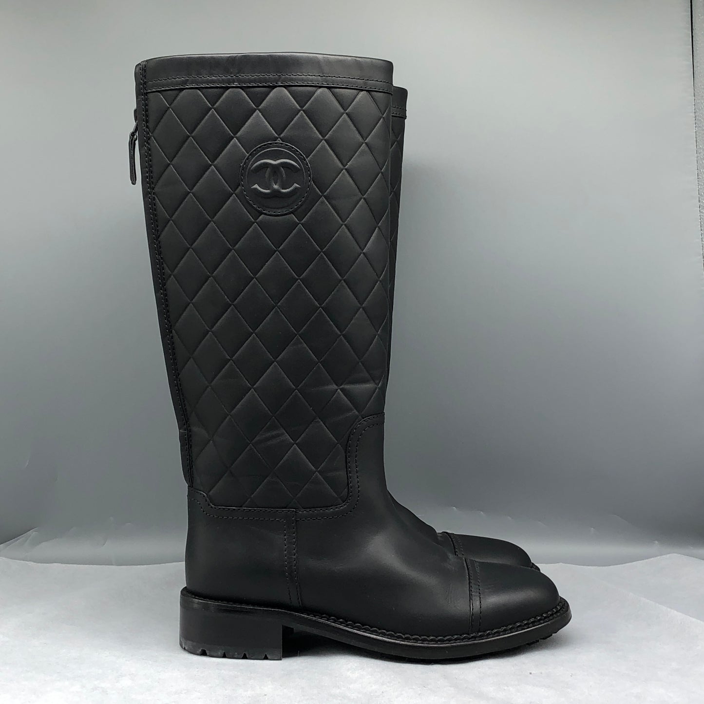 Chanel Black Quilted Leather Knee-High CC Logo Boots Size 36.5
