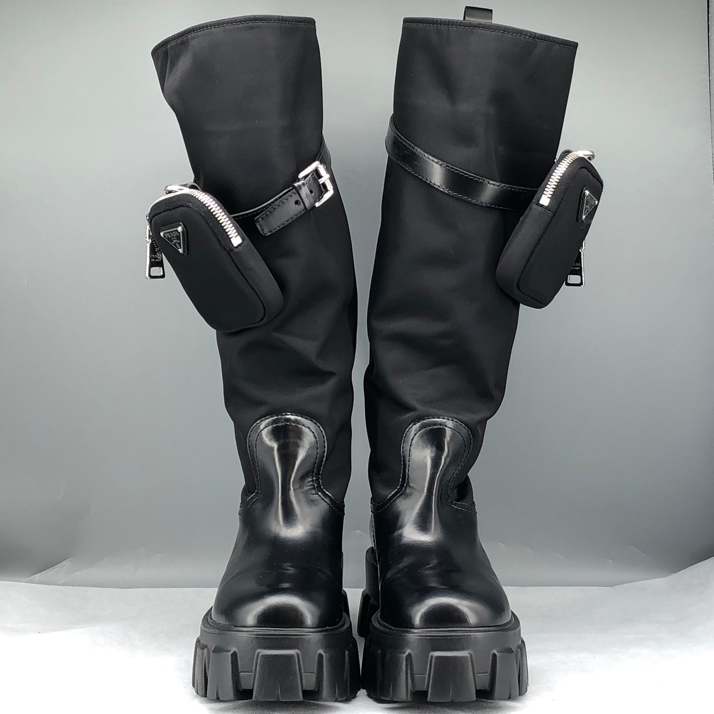 Prada Women‘s Re-Nylon Knee-High Lug Sole Boots Size 37 Black