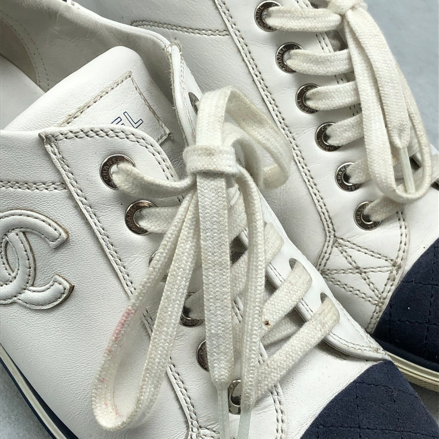 Chanel Women's White & Dark Blue Cap-Toe Sneakers shoes 36.5