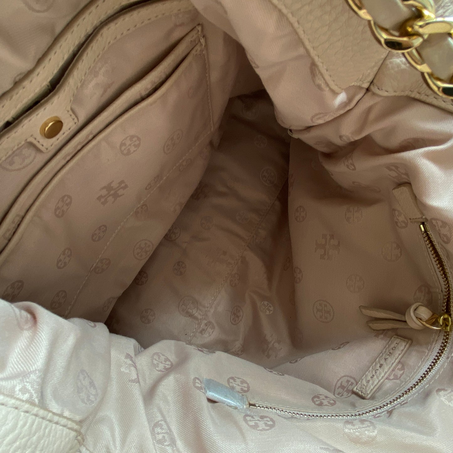 Tory Burch Nude Pebbled Leather Chain Shoulder Tote Bag