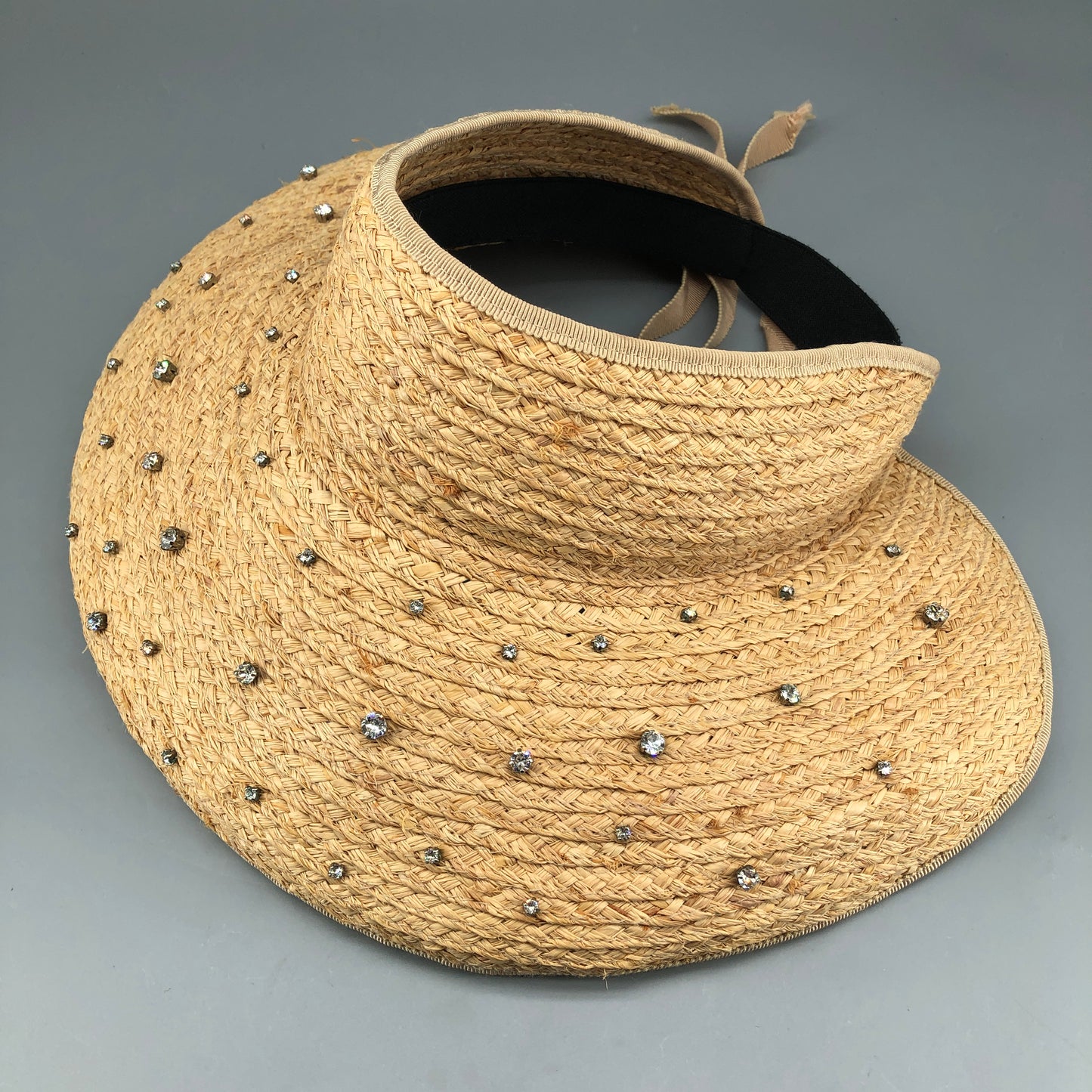 Miu Miu Crystal Embellished Raffia Visor Sun Hat Size M