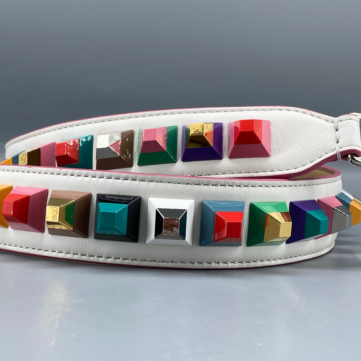 FENDI White Leather and Multicolor Plexiglas Studs Strap You Shoulder Strap