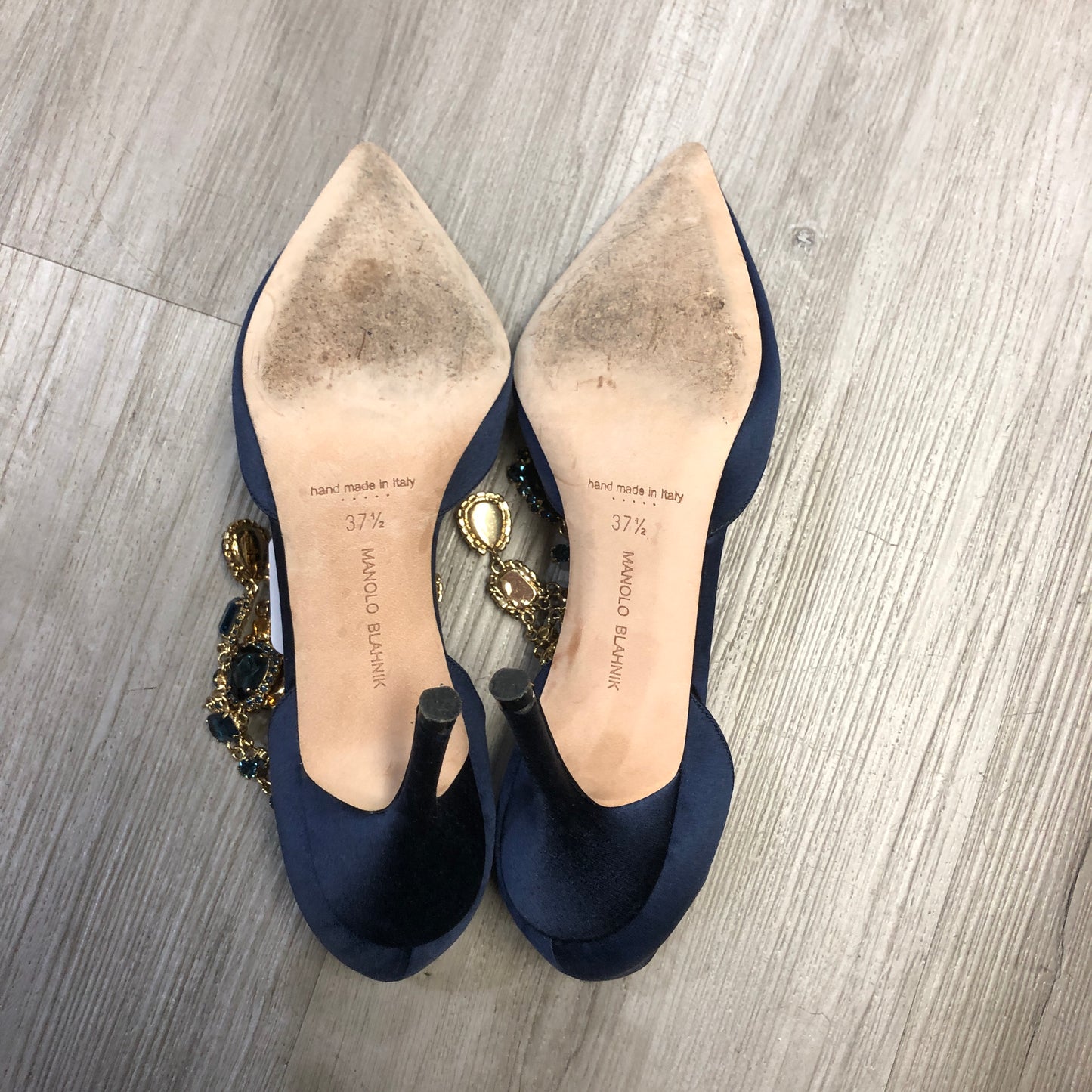 Manolo Blahnik Women's Satin Crystal Pointed Toe Stiletto Pumps Shoes 37.5 Dark Navy Blue