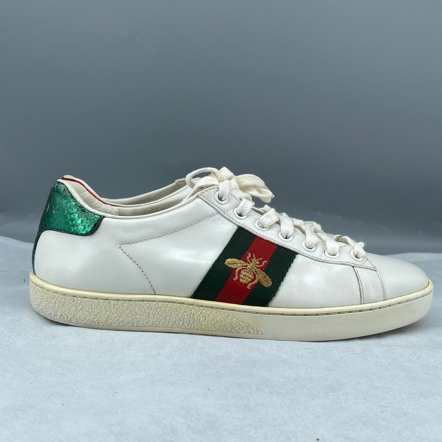 Gucci Women's White Leather Web Stripe Bee Embroidery Ace Low Top Sneakers Size 36.5