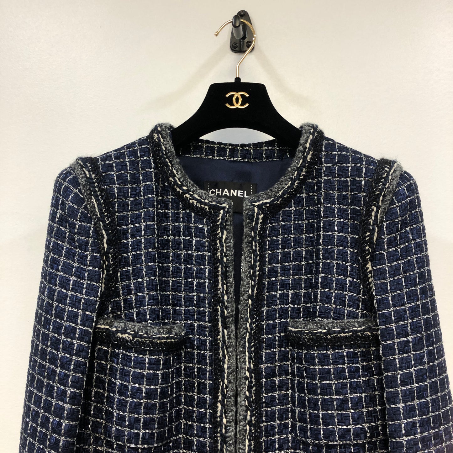 Chanel Tweed Coat Size 42 Navy Blue/White/Black/Grey/Silver