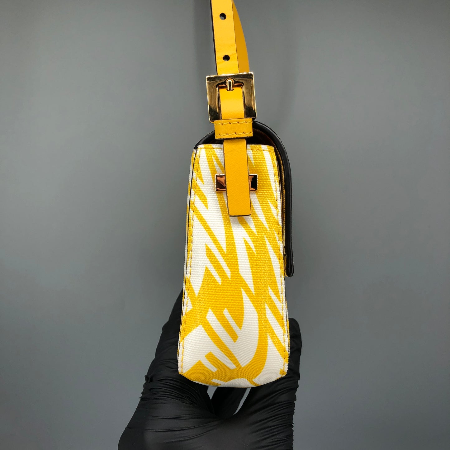 Fendi FF Vertigo Print Leather Baguette Shoulder Bag Yellow