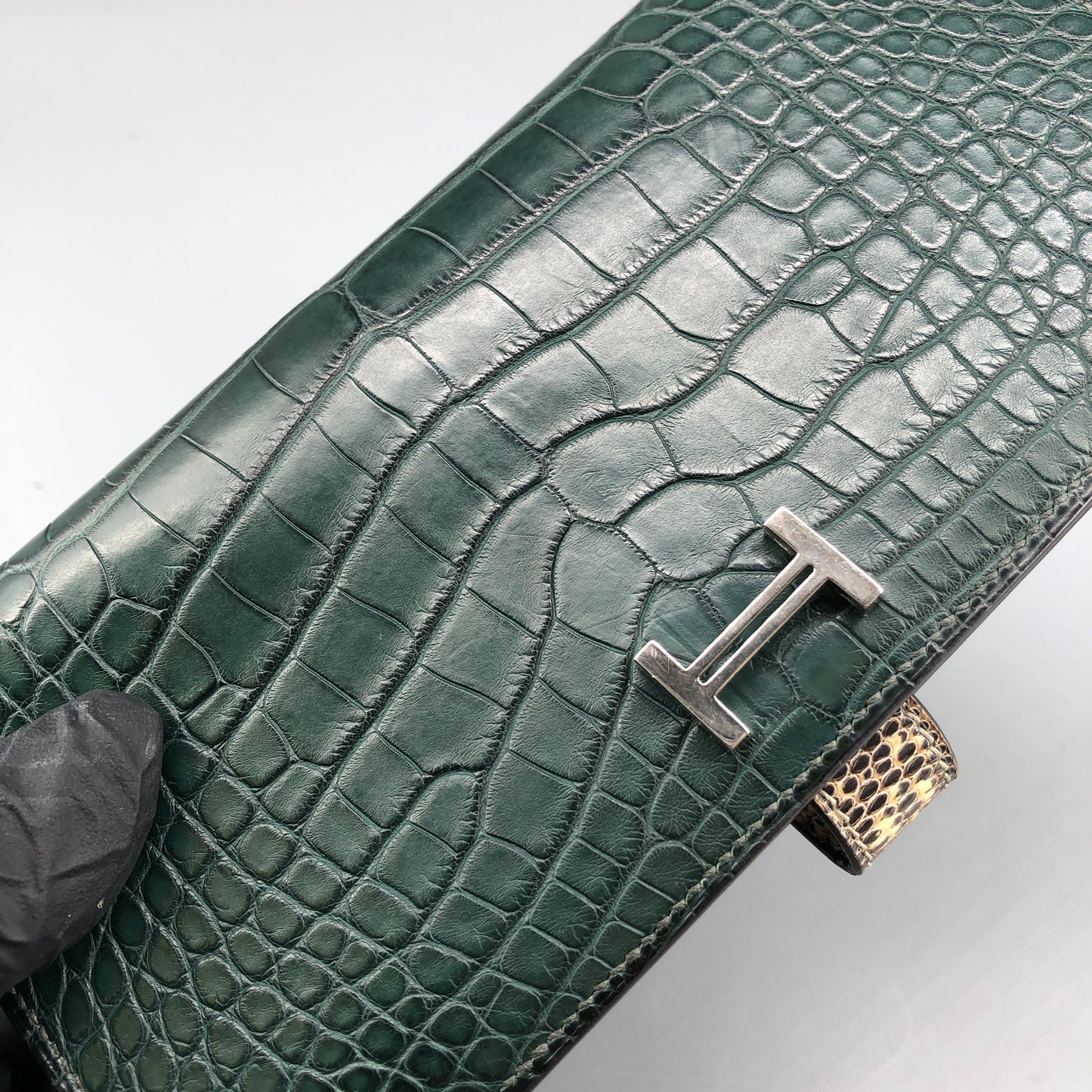 Hermes Dark Green Bearn Wallet Alligator Mix Lizard Leather