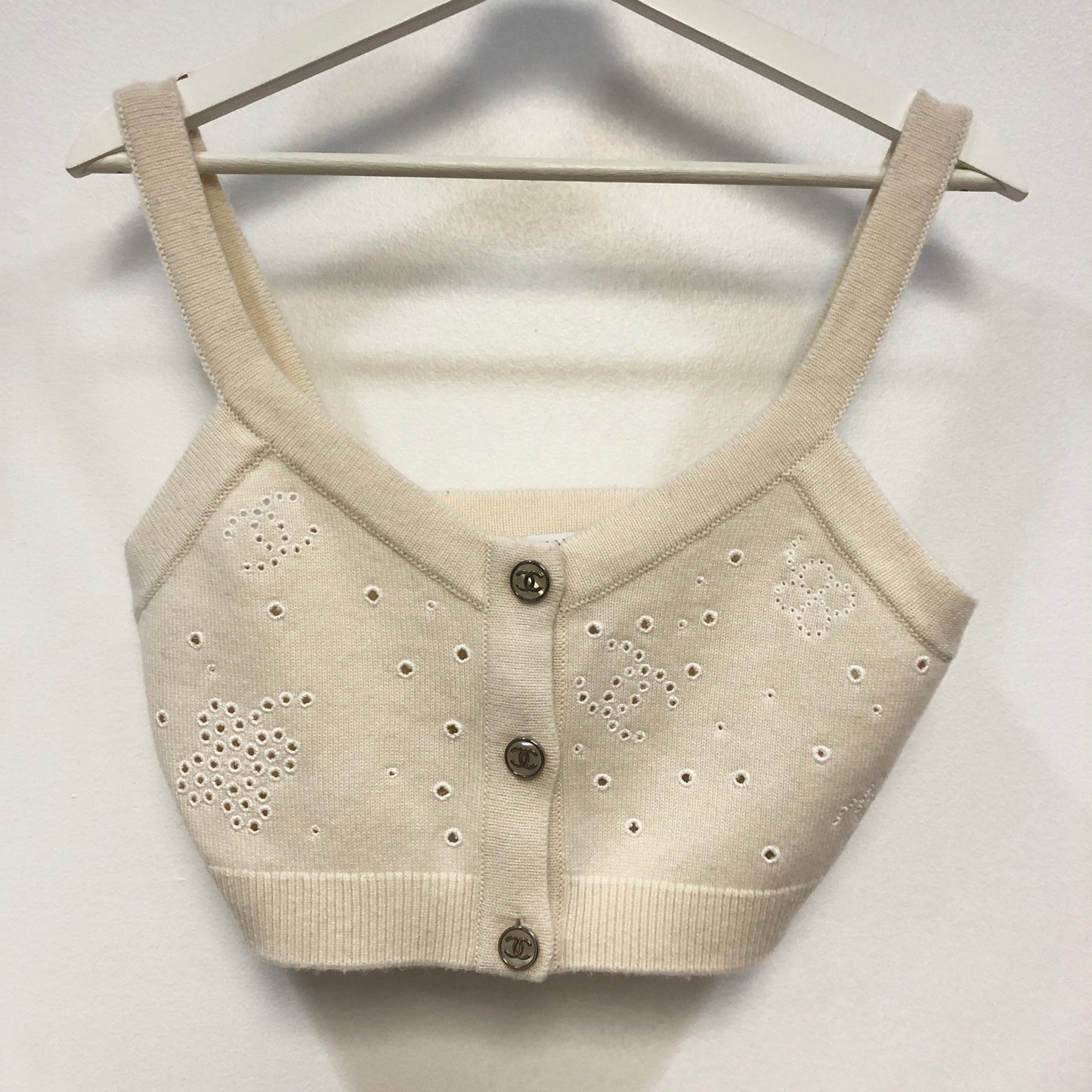 Chanel Eyelet Knit Cropped Camisole Tank Top Size 36 Cream