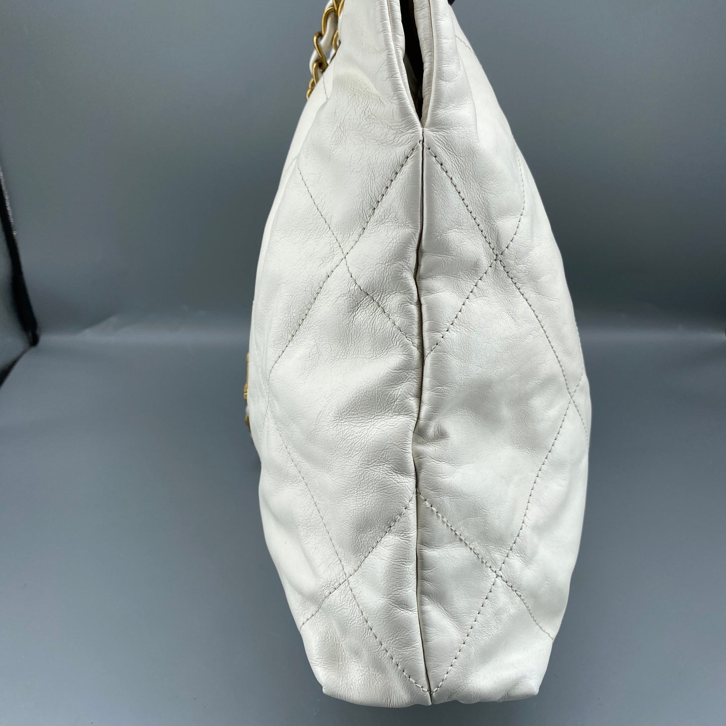Chanel White Quilted Leather SMALL 22 Bag Tote