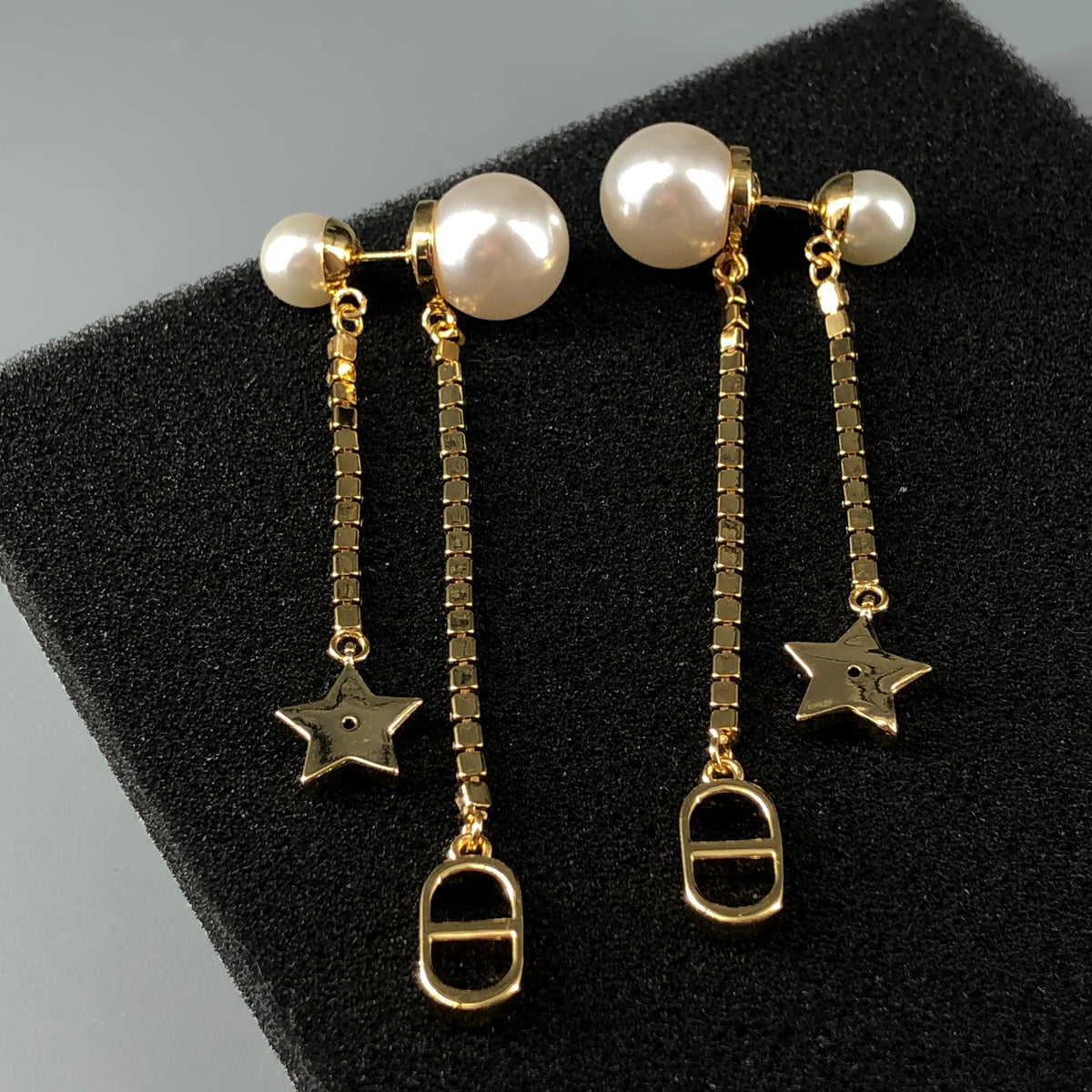 Christian Dior Gold Tone Pearl Star Crystal Drop Earrings