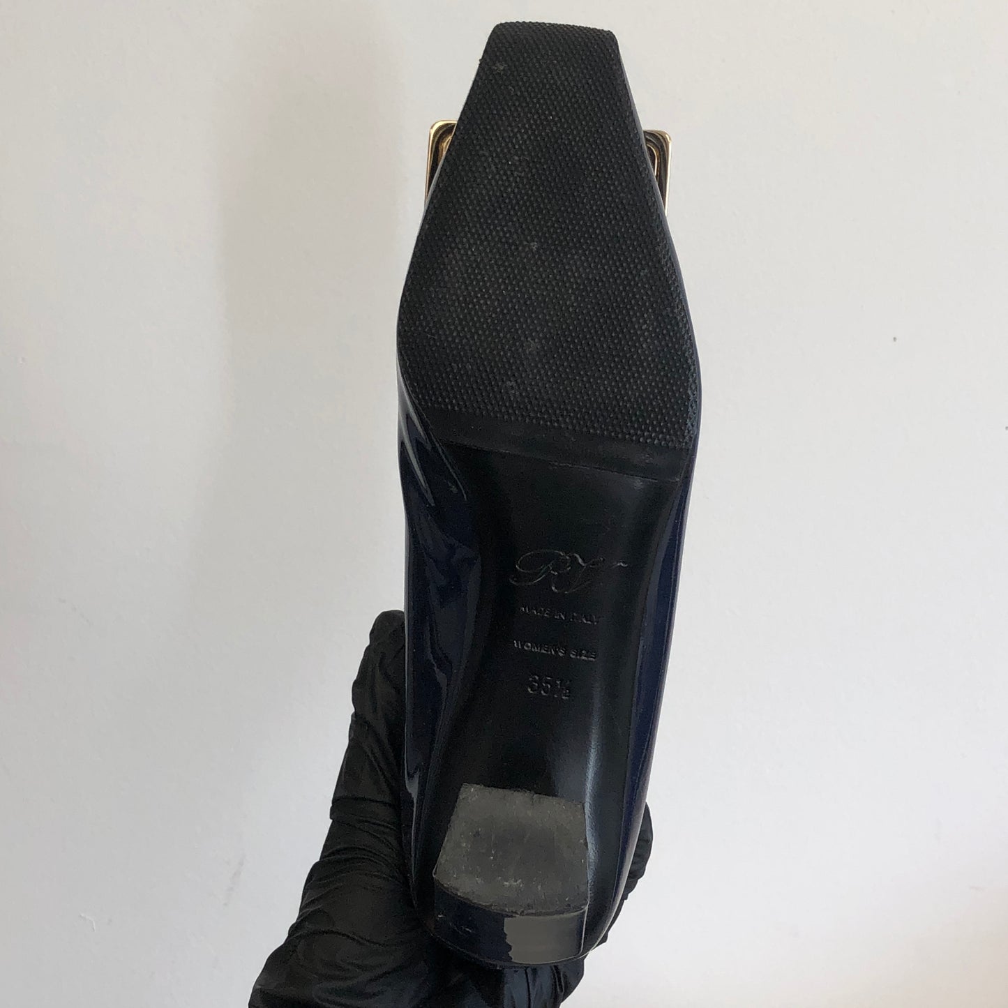 Roger Vivier Navy Patent Leather Square‑Buckle Block Heel Shoes size 35 1/2