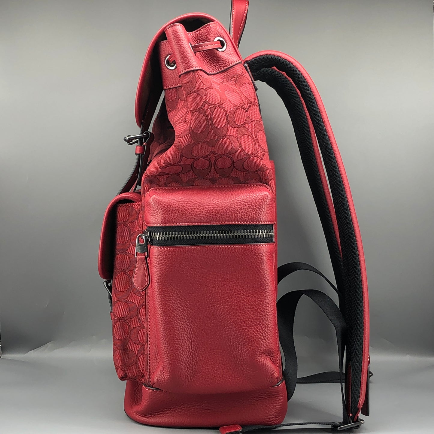 Coach Signature Canvas & Leather Flap Backpack Bag Red