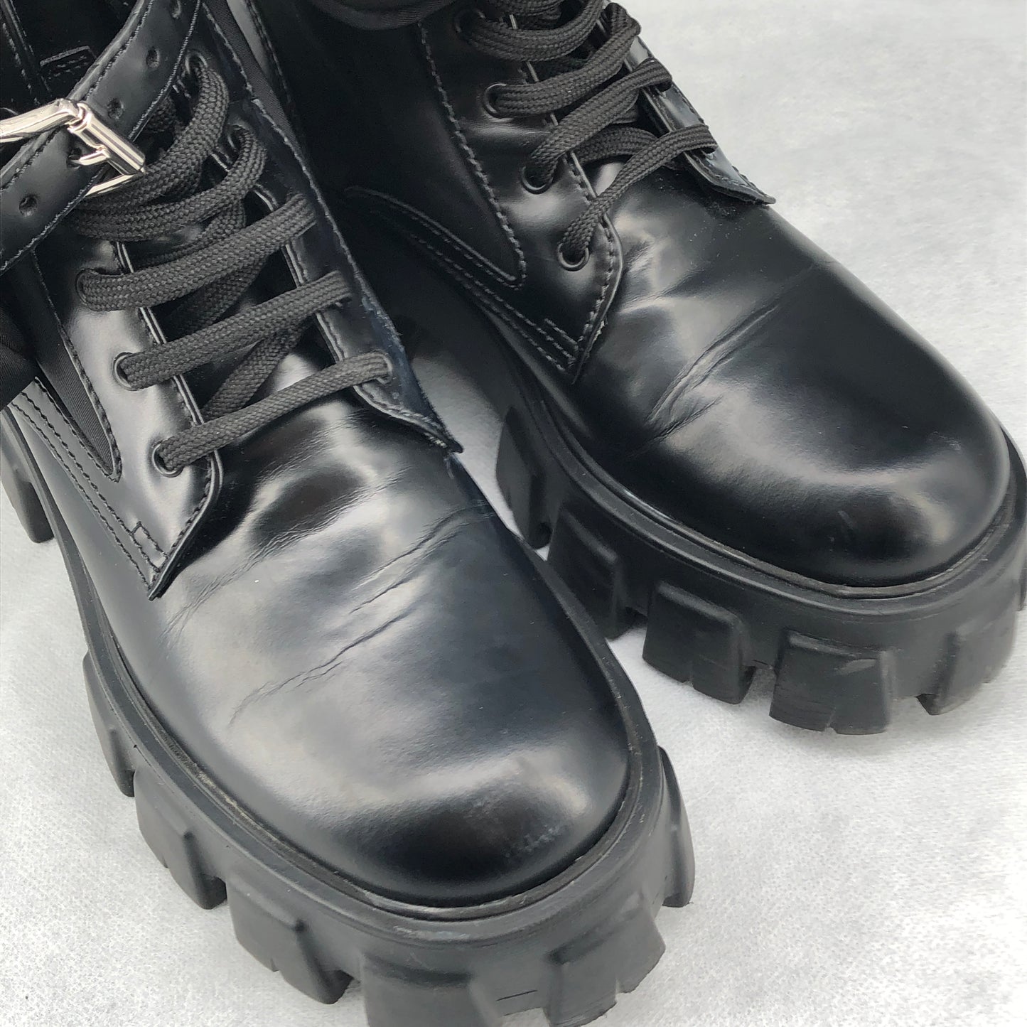 Prada Women's Re-Nylon Leather Combat Ankle Boots Size 36.5 Black