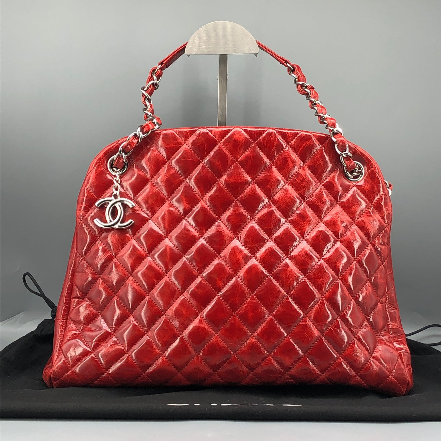Chanel Just Mademoiselle Quilted Patent Leather Bowling Shoulder Bag Cherry Red