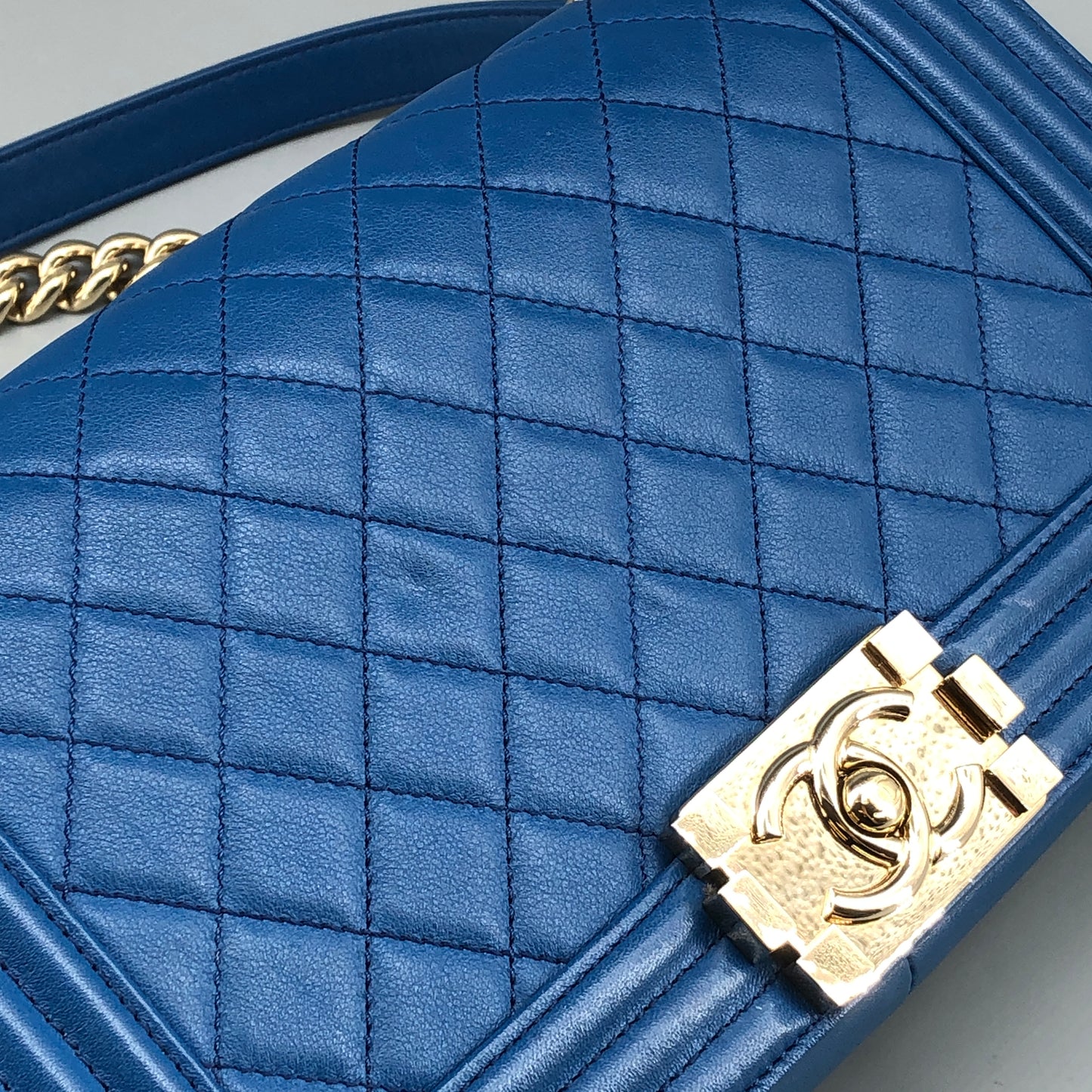 Chanel Boy Lambskin Leather Quilted Leather Chain Flap Bag Bright Blue