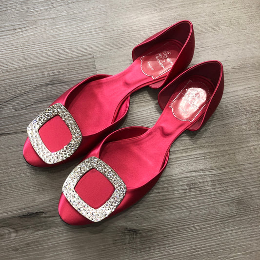 Roger Vivier Women's Red Satin Crystal Buckle Flats Size 36