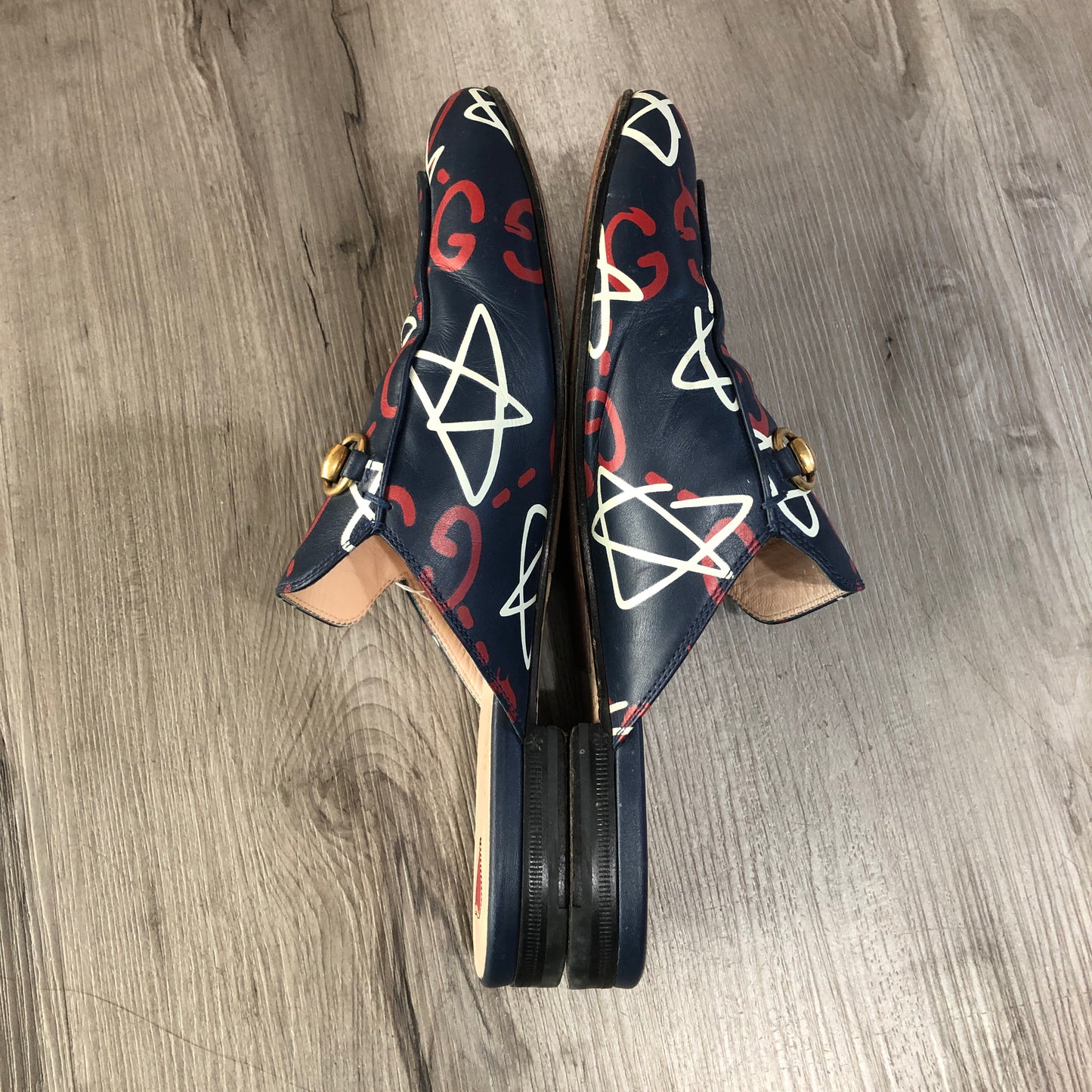Gucci Star Print Princetown Backless Mule Loafers Size 39 Navy Blue White Red