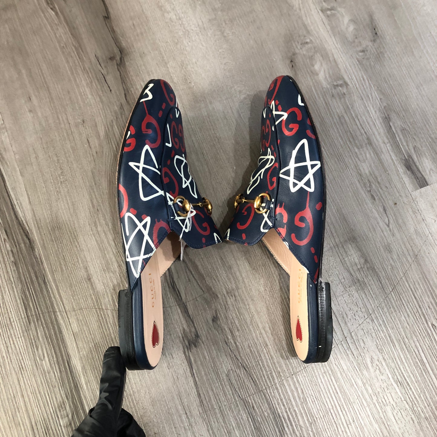 Gucci Star Print Princetown Backless Mule Loafers Size 39 Navy Blue White Red