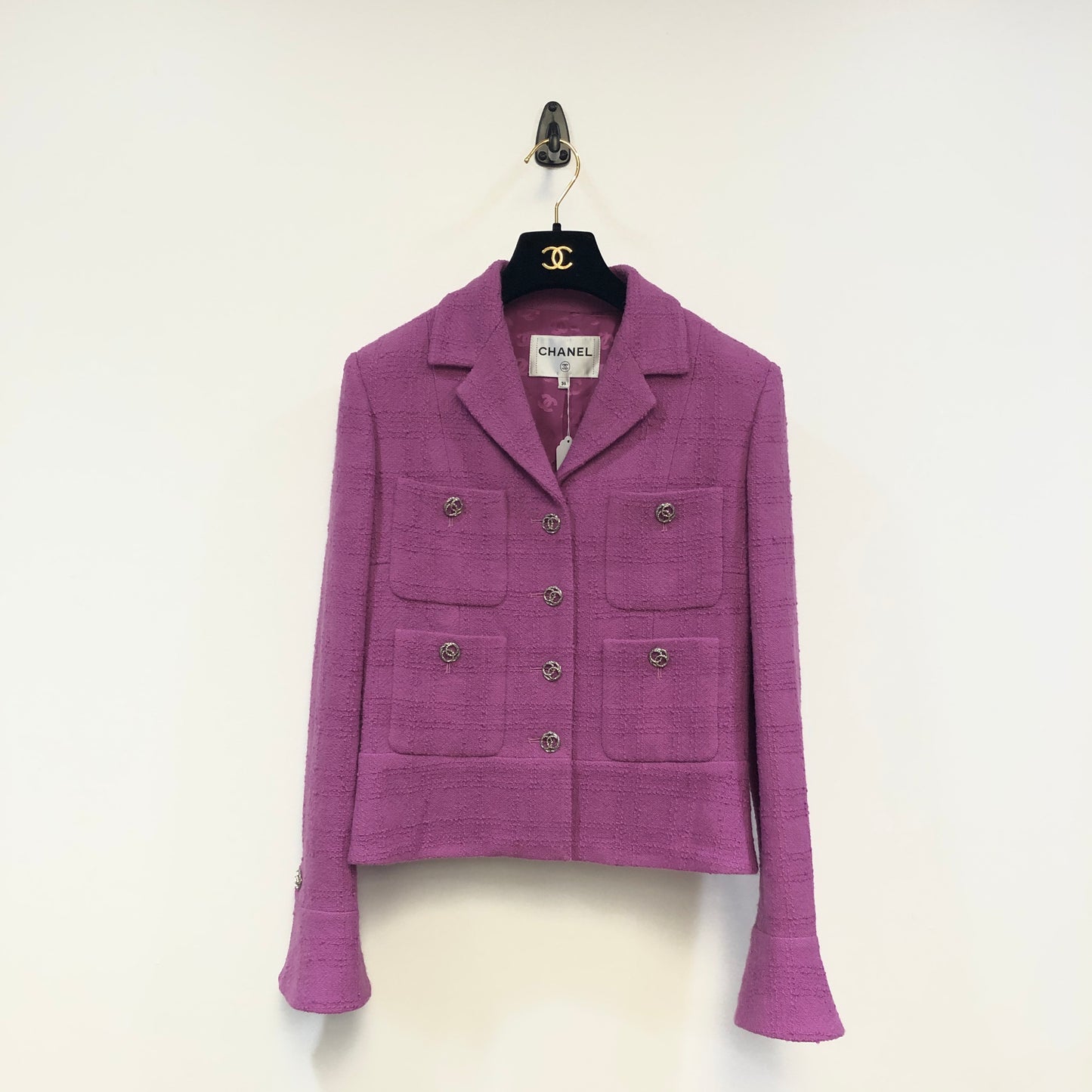 Chanel Lavender Purple Tweed Blazer Lapel Collar Flared Cuffs Size 36