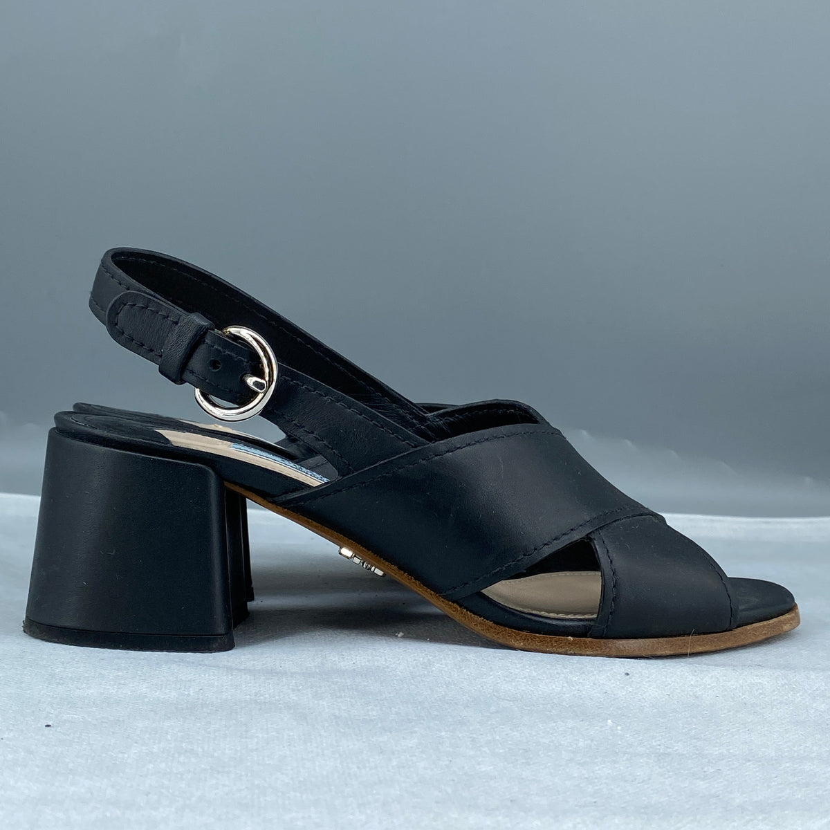 Prada Women's Black Leather Block Heel Slingback Sandal Size 35.5