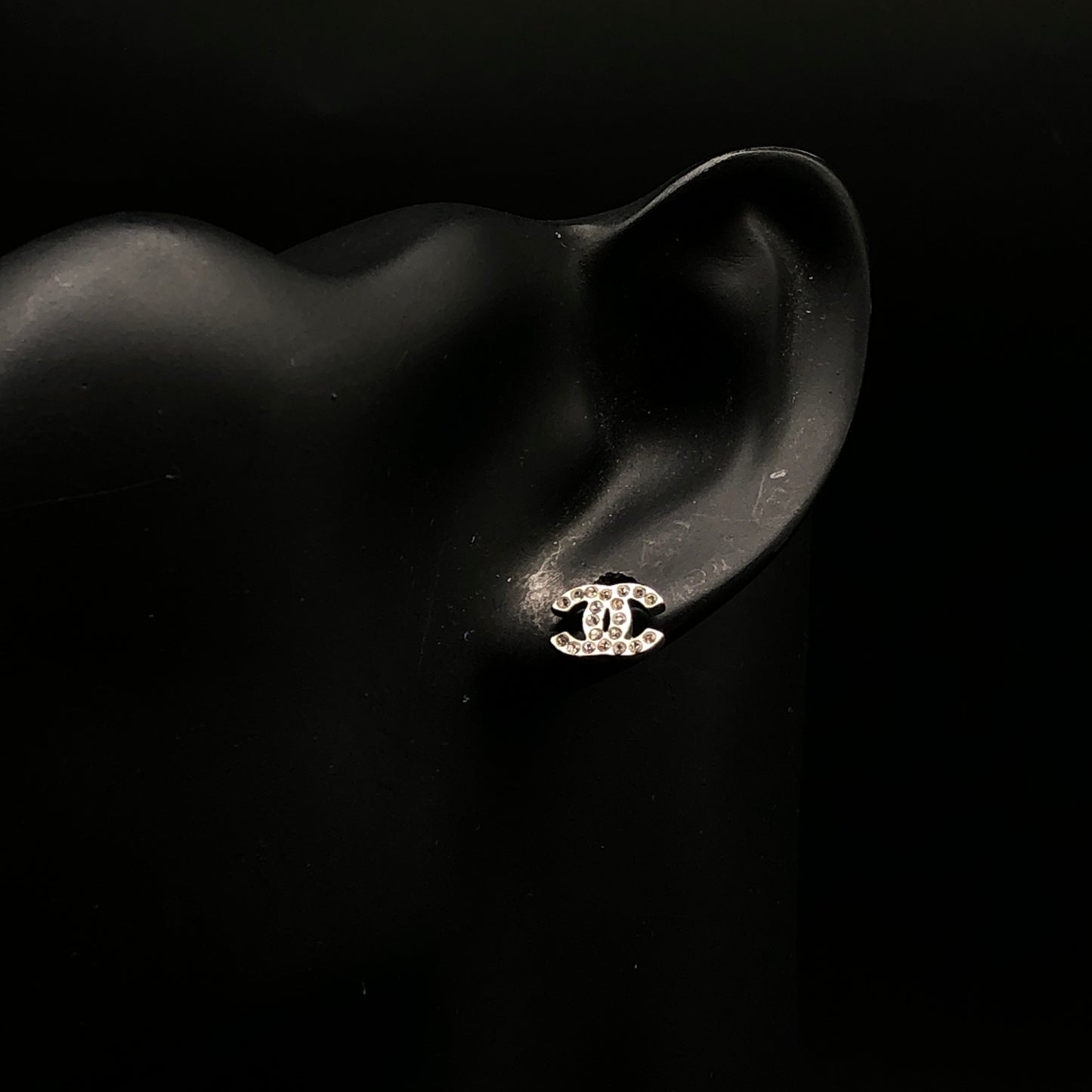 Chanel Silver-Tone Crystal Interlocking CC Stud Earrings