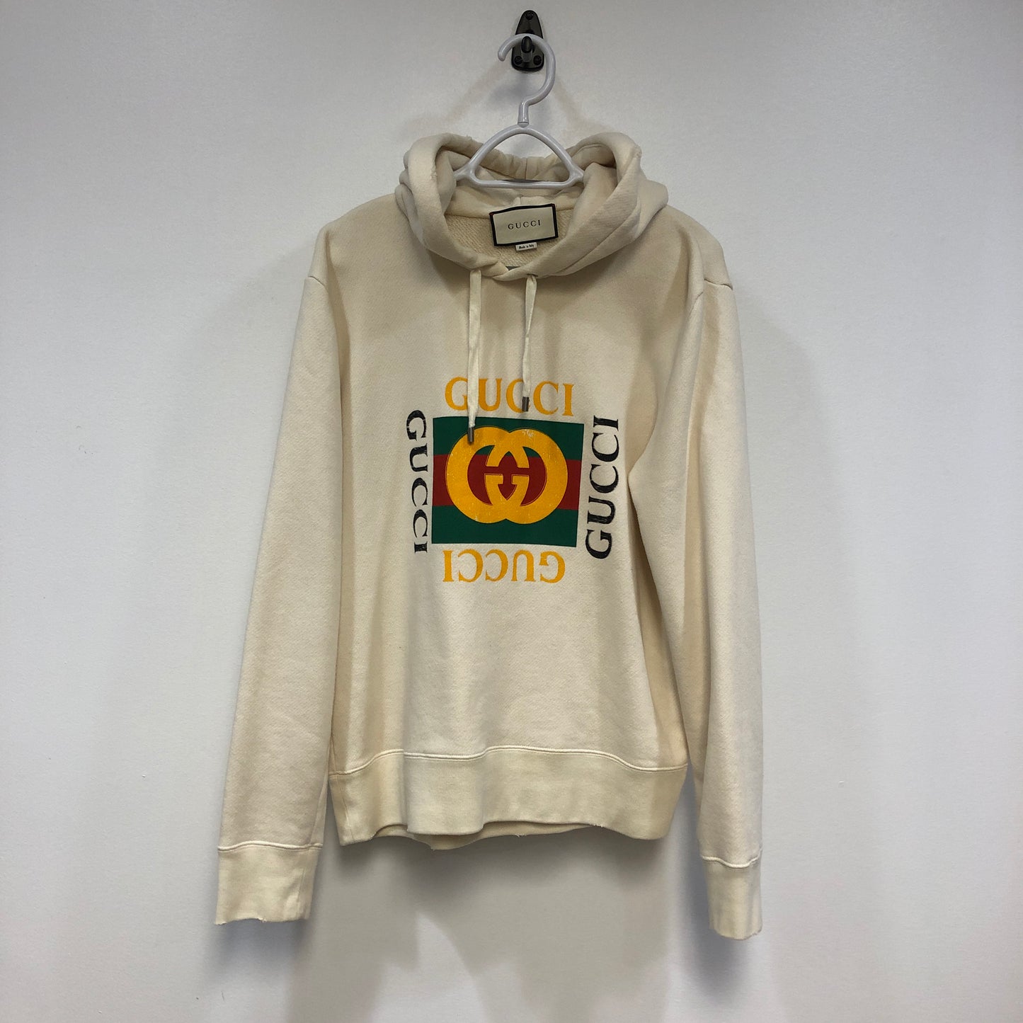 Gucci Interlocking G Logo Distressed Hoodie Size M Cream