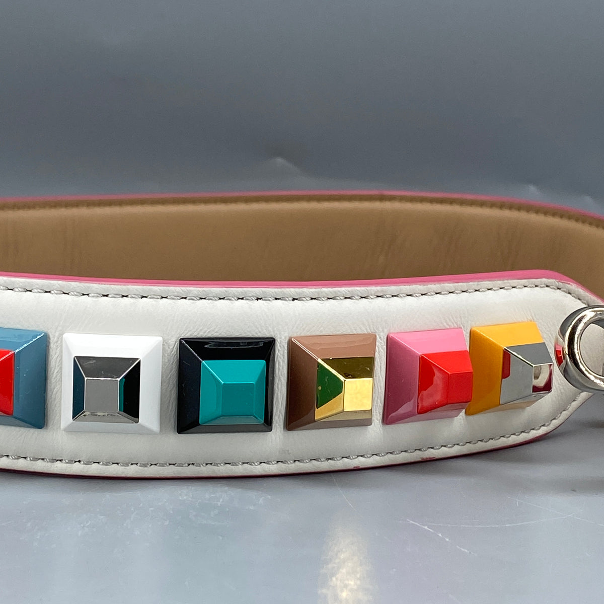 FENDI White Leather and Multicolor Plexiglas Studs Strap You Shoulder Strap
