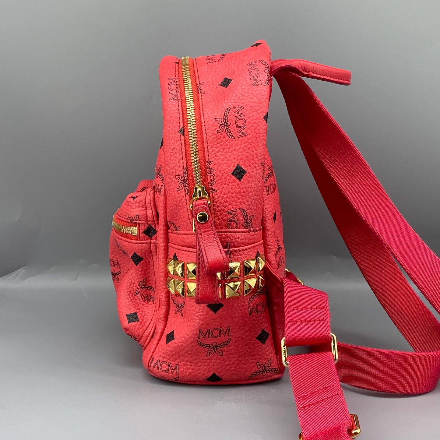 MCM Coral Red Visetos Mini Backpack