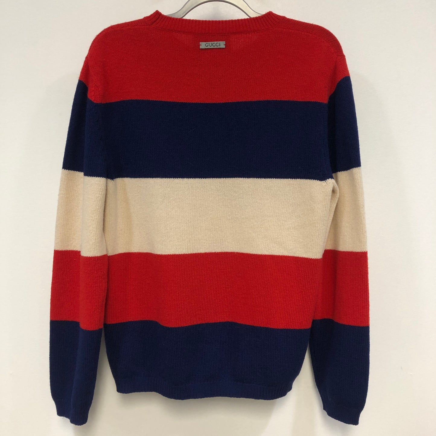 Gucci Red Blue Beige Striped Black Panther Crewneck Knit Sweater Size S