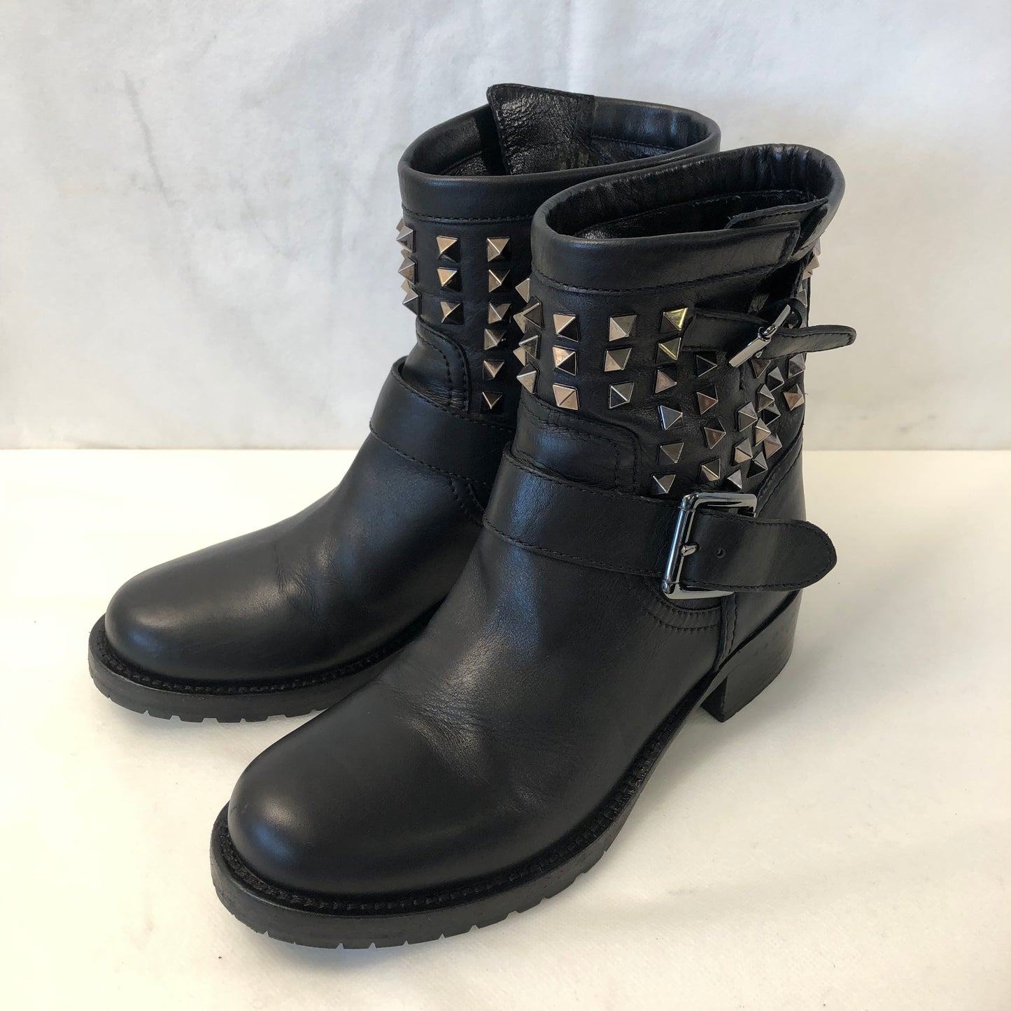 Valentino Rockstud Black Leather Ankle Boots Women's Shoes Size 36.5