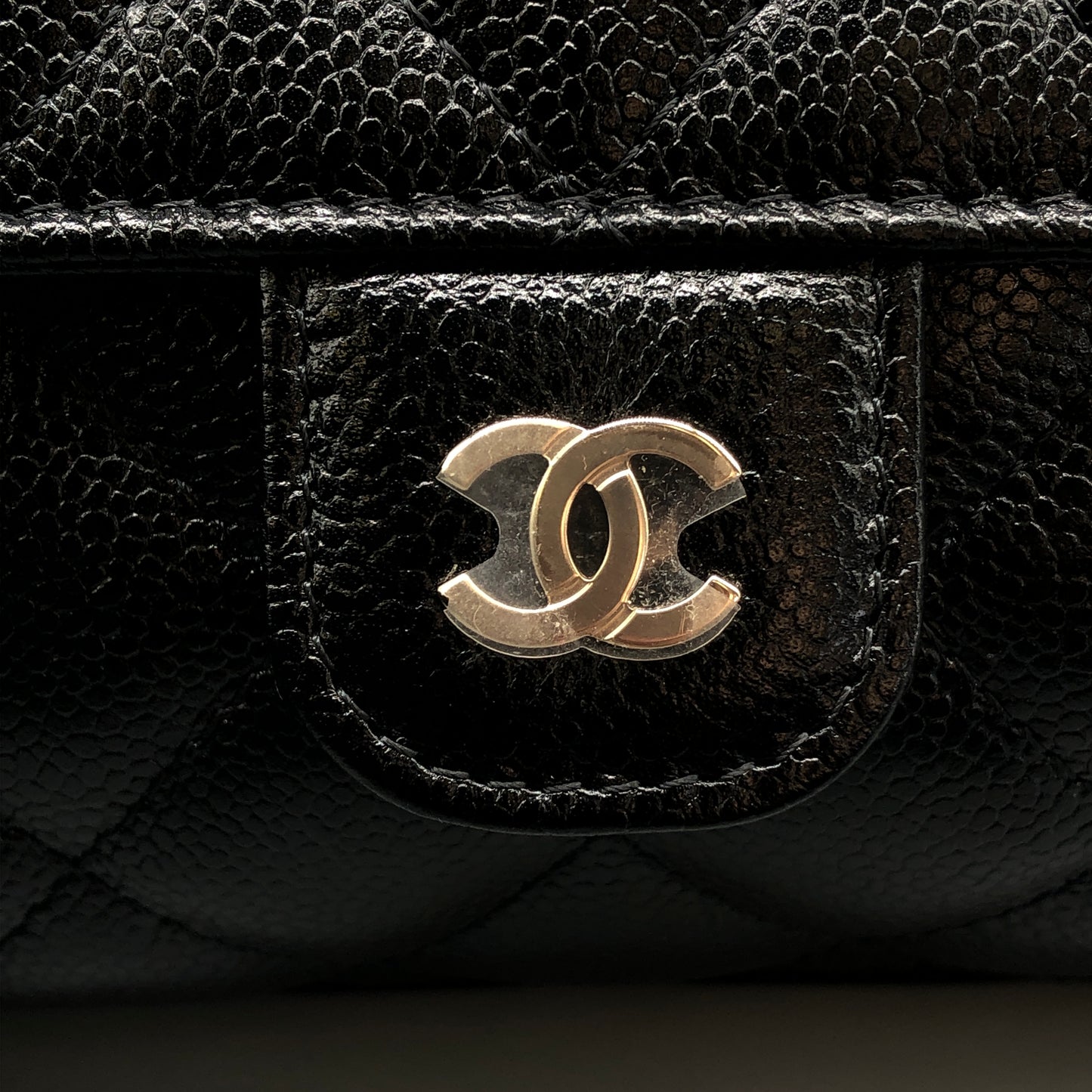 Chanel Foldable Tote Bag with Chain Quilted Caviar and Printed Nylon.