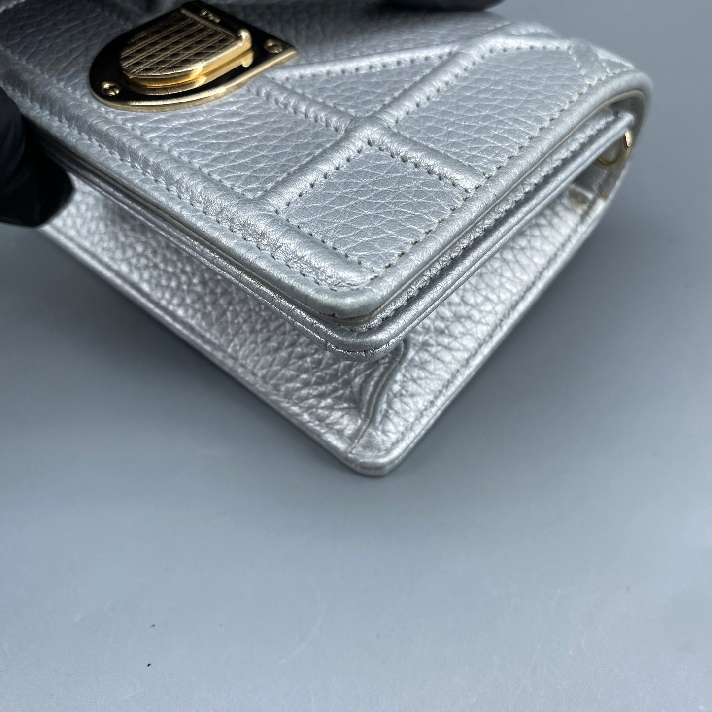 Christian Dior Mini Silver Metallic Pebbled Leather Shield Logo WOC Crossbody Bag