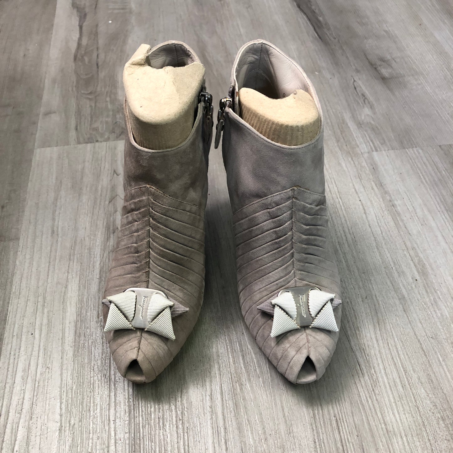 Salvatore Ferragamo Nude Suede Peep Toe Ankle Booties Size 6.5
