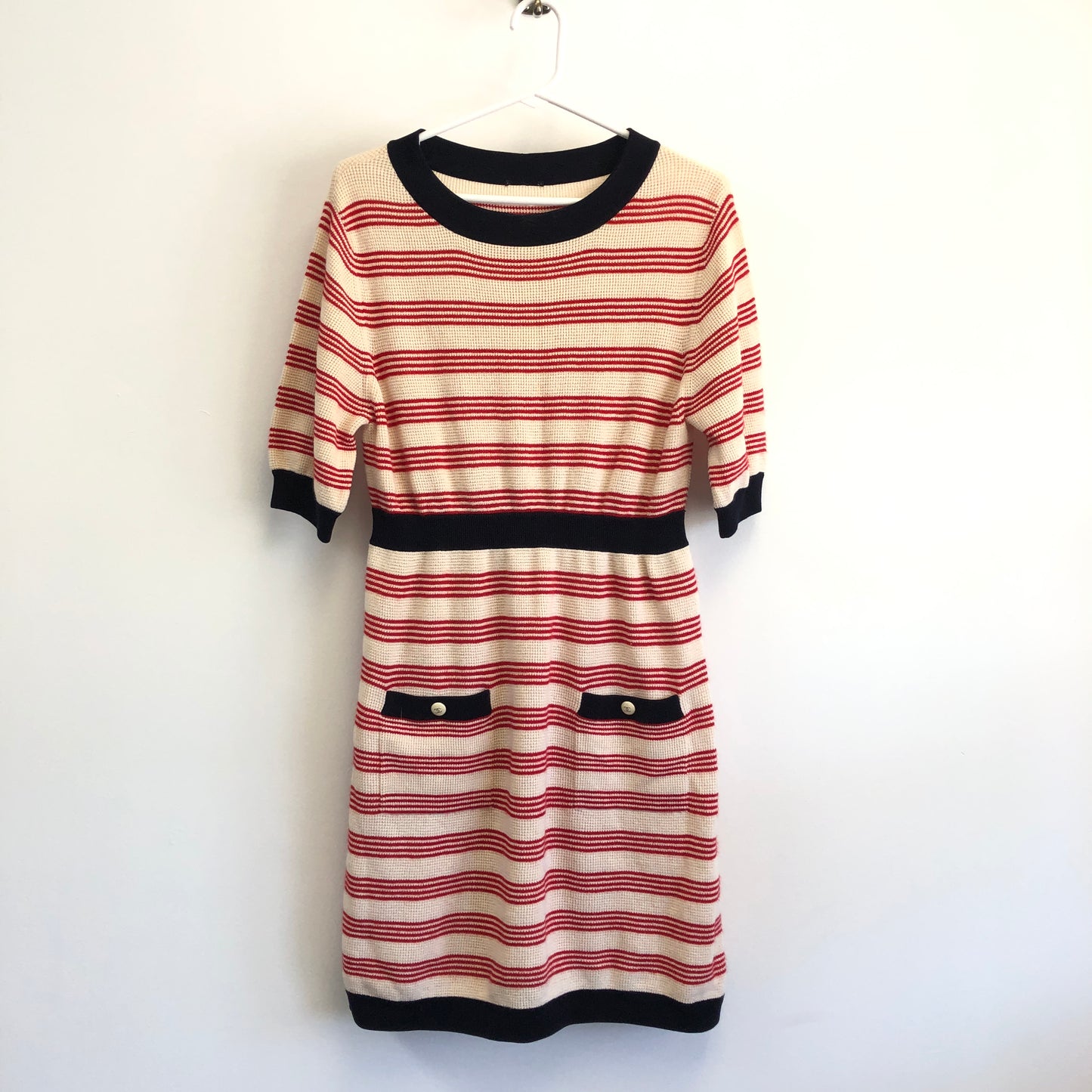 Chanel Red/Cream/Black Striped Knit Fit-and-Flare Dress