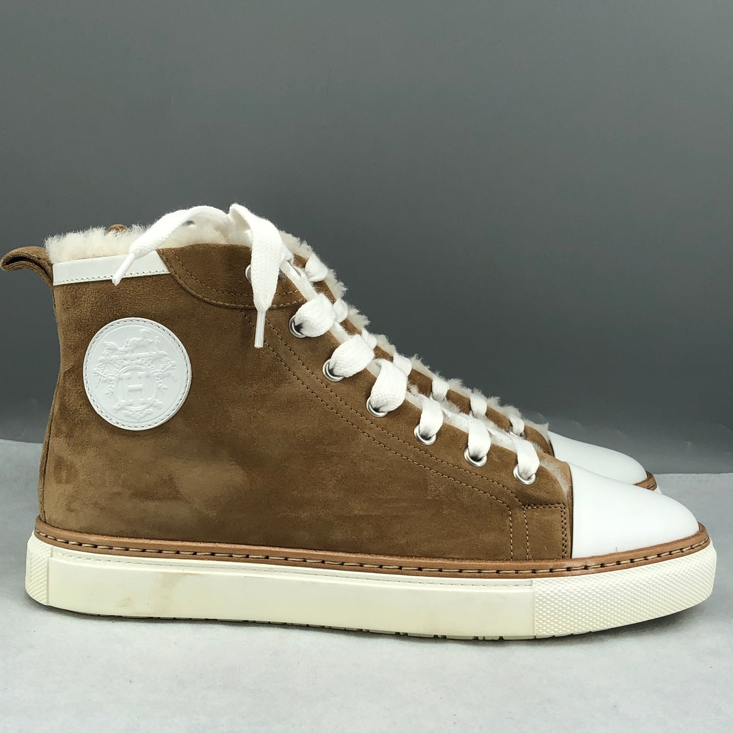 Hermes New Brown Suede Shearling Lined High Top Sneakers 38