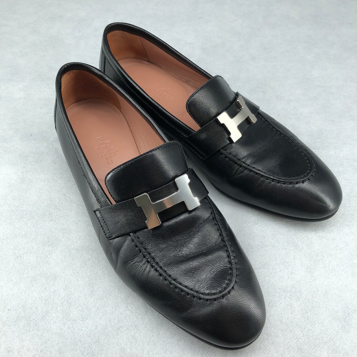 Hermes Black Leather Loafers Size 36.5