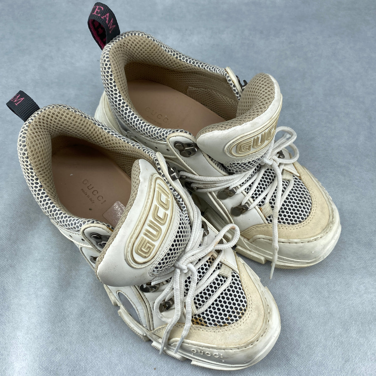 Gucci Women‘s Cream Leather Mesh Lace Up Sneaker Shoes Size 38