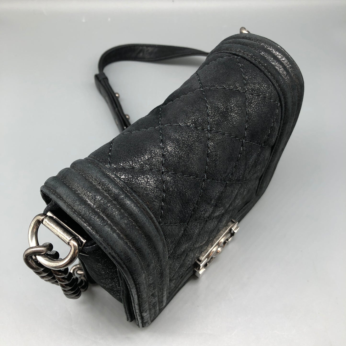 Chanel Black shiny suede nubuck iridescent leather Leather Mini Boy Bag