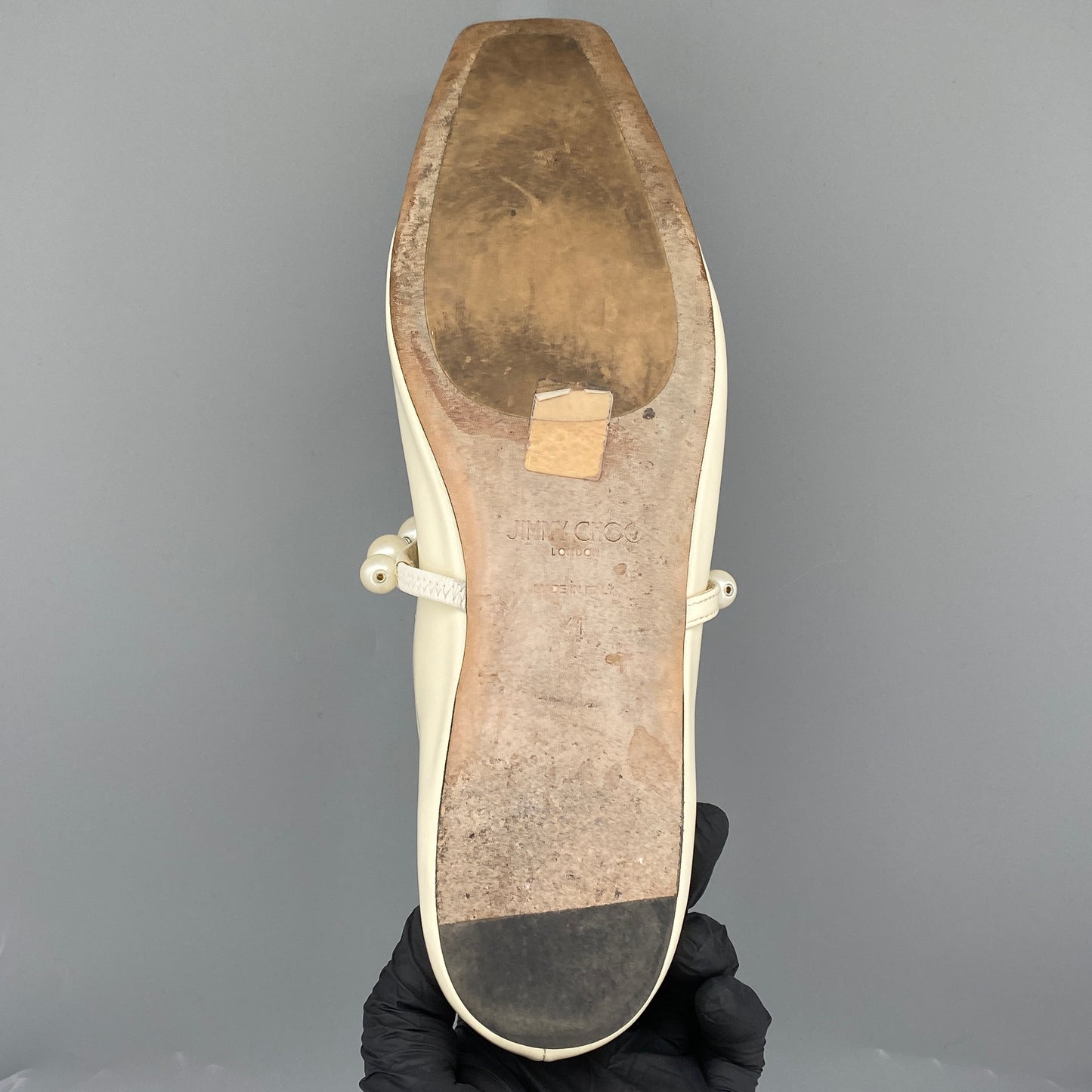 Jimmy Choo Pearl Strap Patent Flat Shoes Size 41 Cream
