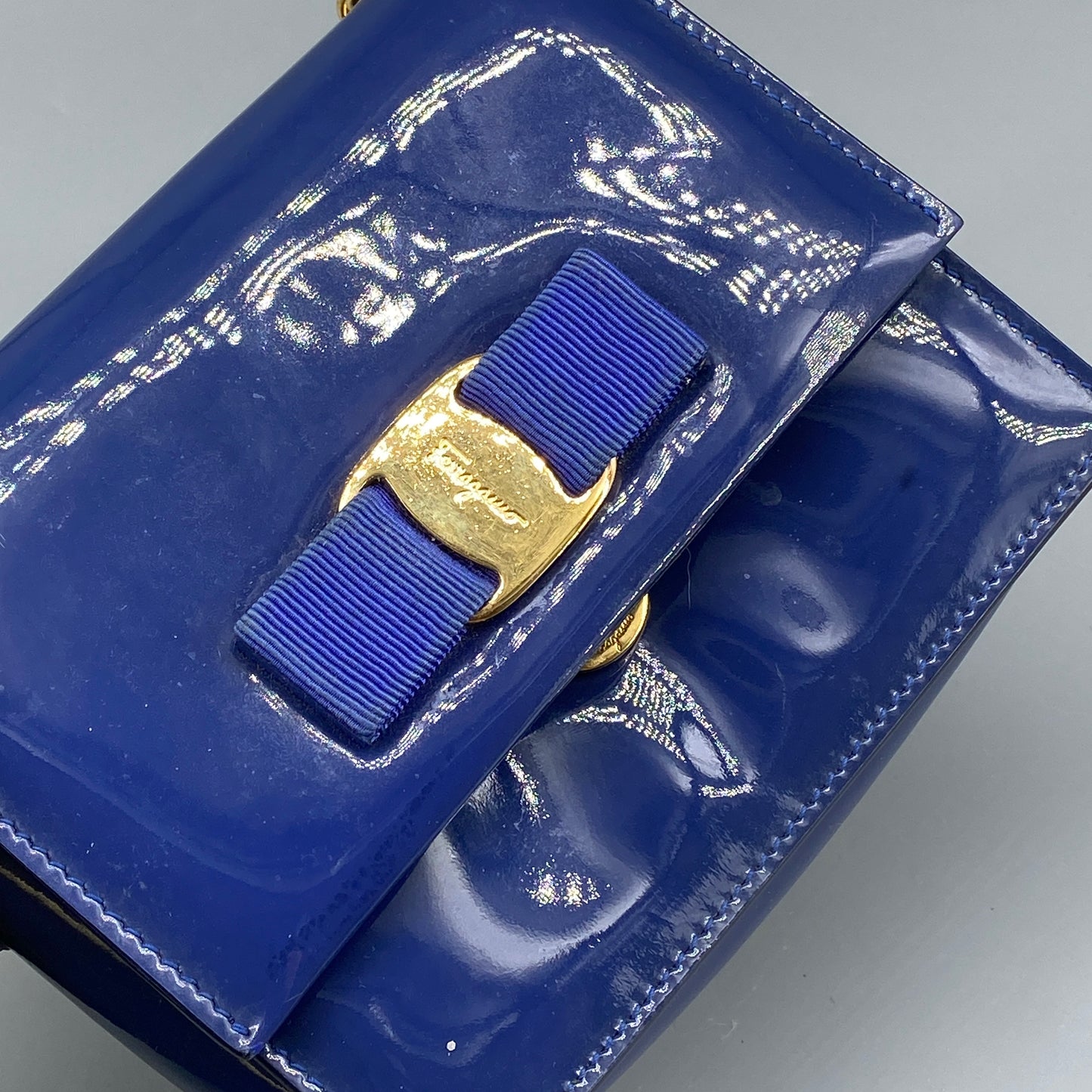 Salvatore Ferragamo Vara Bow Patent Leather Shoulder Bag Royal Blue