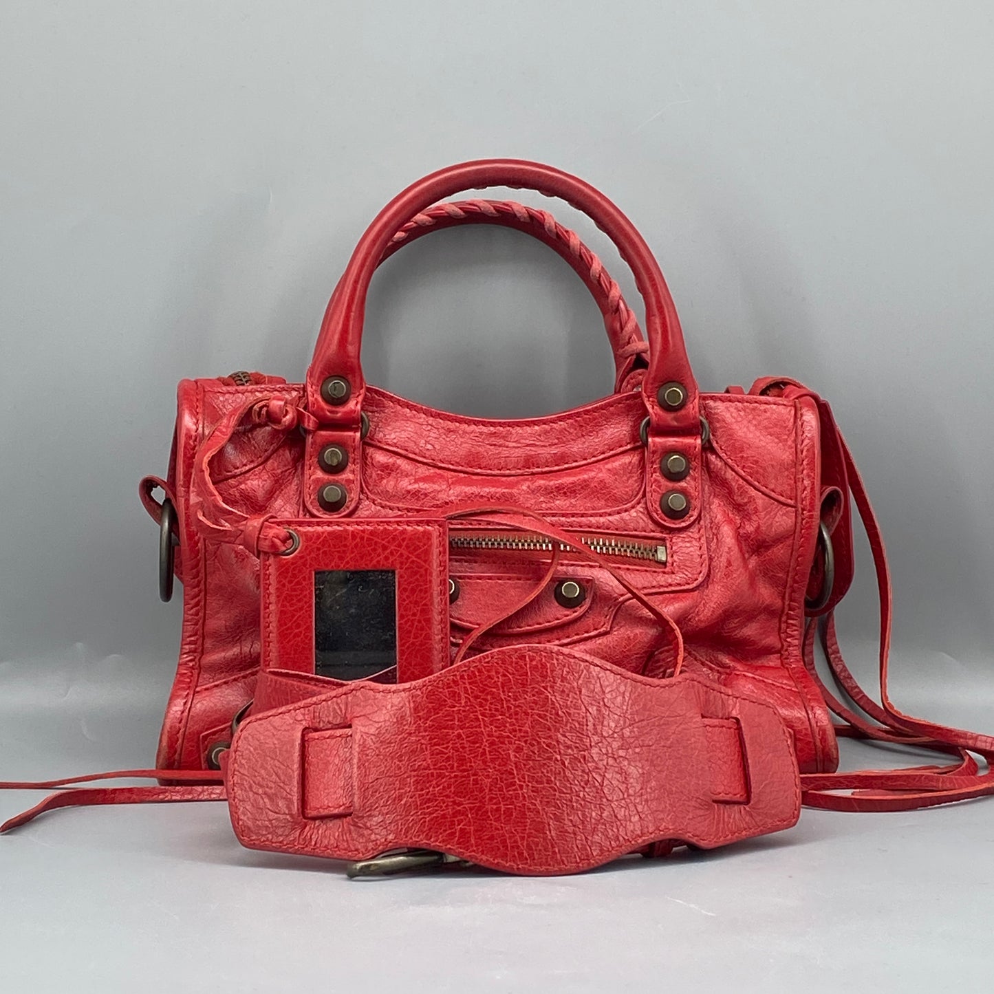 Balenciaga Red Lambskin Mini City Handbag