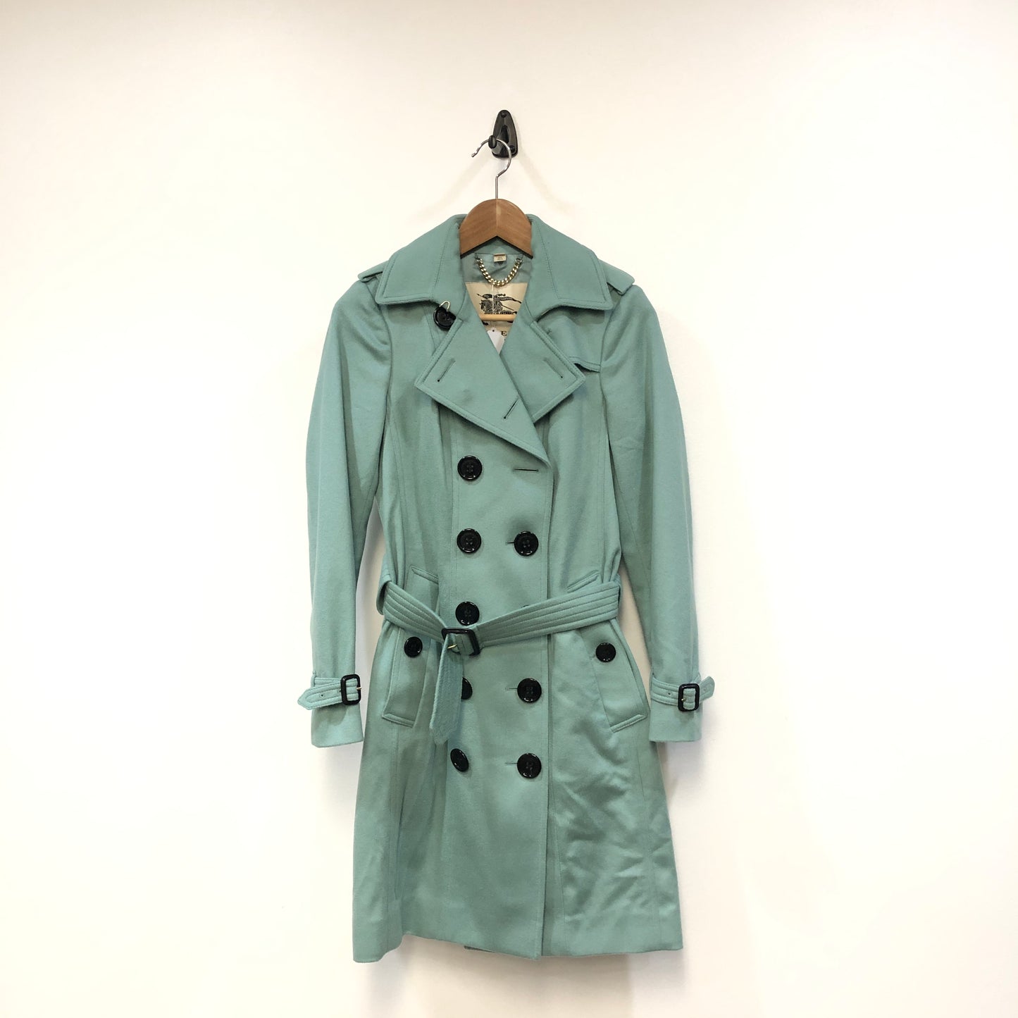 Burberry The Sandringham Tiffany Blue Cotton Trench Coat Size UK 6