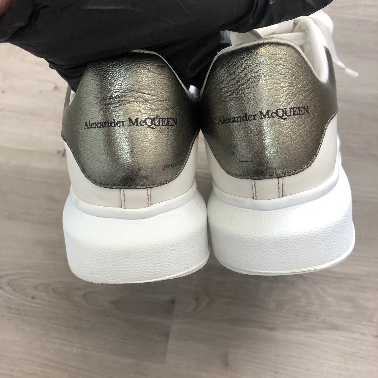 Alexander McQueen Women's Oversized Platform Leather Sneaker Shoes 37 White Metallic Pearl